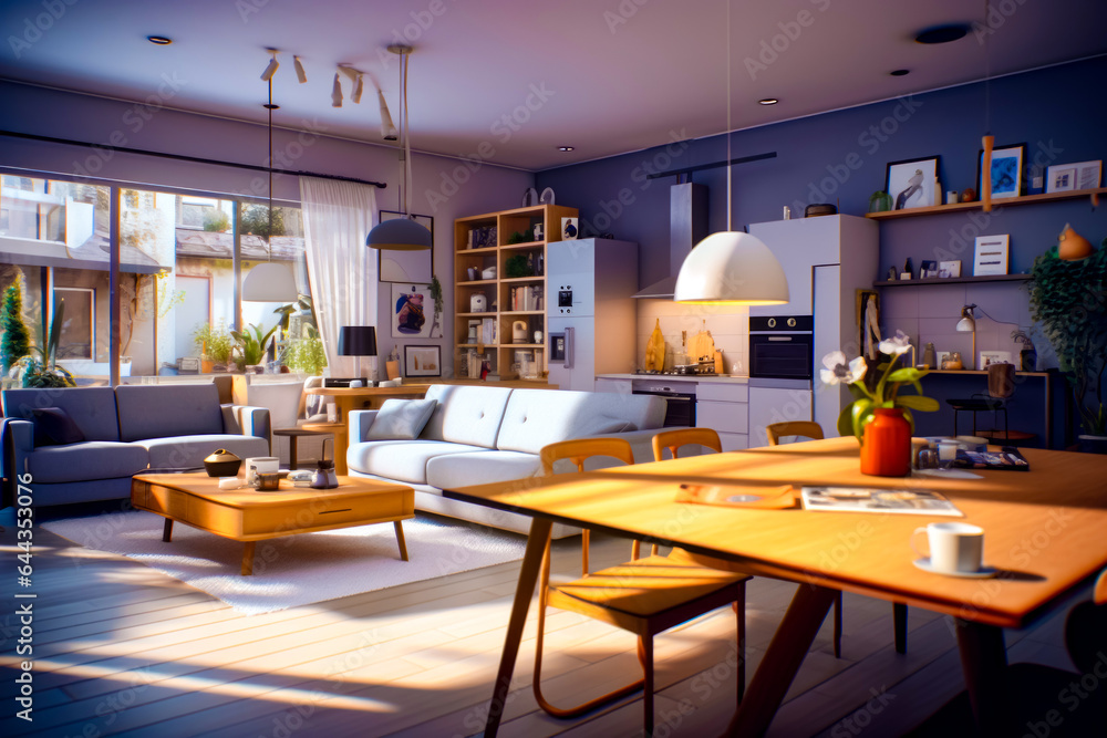 Living room filled with furniture and wooden table in front of window. Living room filled with furniture and wooden table in front of window.