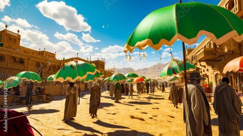 Group of people standing under green umbrellas on sandy area with mountains in the background.