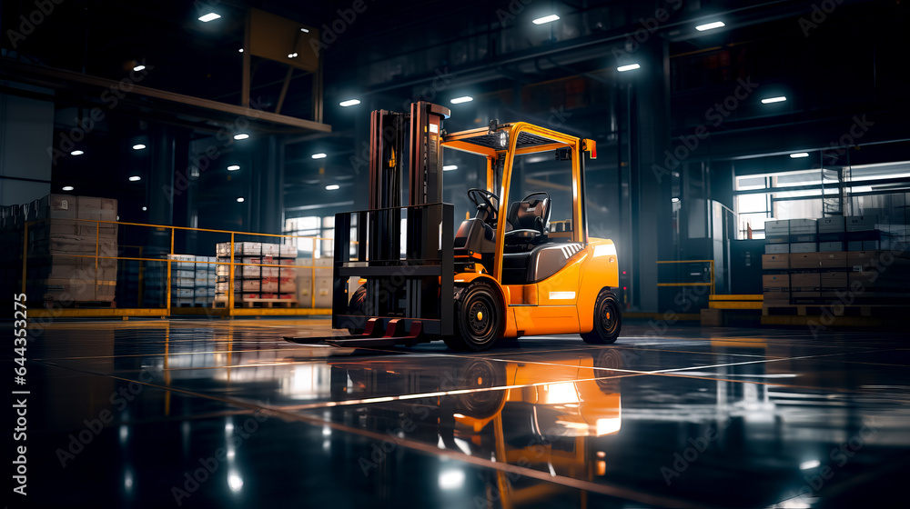 Yellow forklift parked in warehouse with lights on it's sides. Yellow forklift parked in warehouse with lights on it's sides.