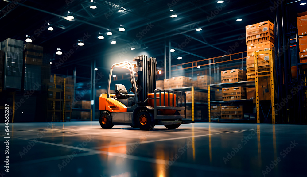 Forklift in warehouse with pallets stacked on the pallets.