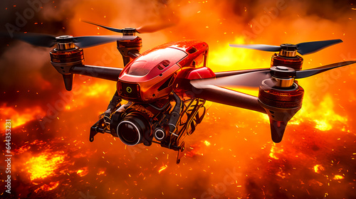 Red and black helicopter flying over fire filled sky with camera attached to it.