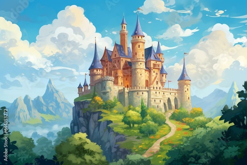 Illustration of castle on hill, perfect for fairy tales and children's stories. Generative AI