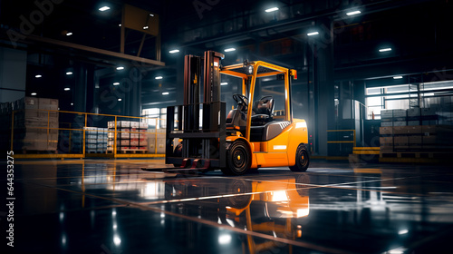 Yellow forklift parked in warehouse with lights on it's sides.