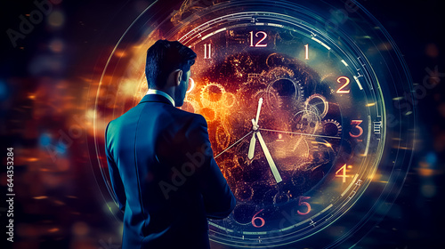 Man in suit standing in front of clock with gears on it.