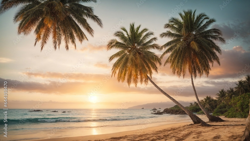 Sea beach with coconut palm tree at sunset time.