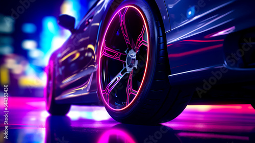 Close up of car wheel with neon light on the rim. © Констянтин Батыльчук