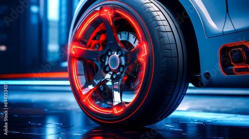 Close up of car wheel with red light on the rim.