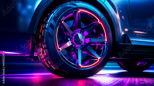 Close up of car wheel with neon lights on the side of it.