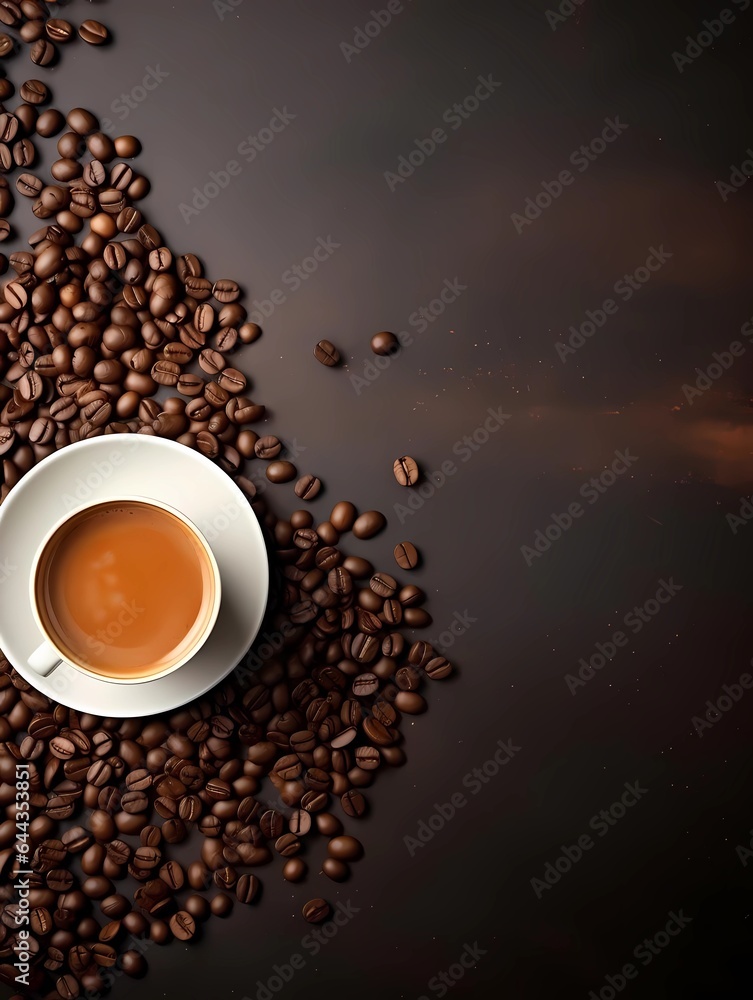 Coffee background. Top view. Cup of Coffee and coffee beans on a dark background with copy space. Ai Generative Coffee background. Top view. Cup of Coffee and coffee beans on a dark background with copy space. Ai Generative