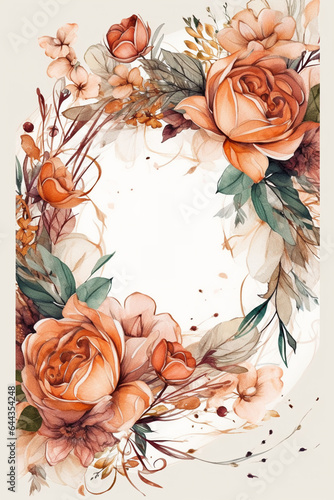 Colorful floral decoration illustration background template, creative arrangement of nature and flowers. Good for banner, wedding card invitation draft, greetings, and design element. Generative AI.