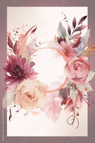Colorful floral decoration illustration background template, creative arrangement of nature and flowers. Good for banner, wedding card invitation draft, greetings, and design element. Generative AI.