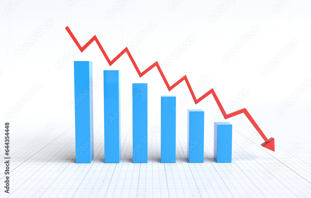 The graph is going down and has a red arrow, Bar graph with arrow, business idea. The graph is going down and has a red arrow, Bar graph with arrow, business idea.