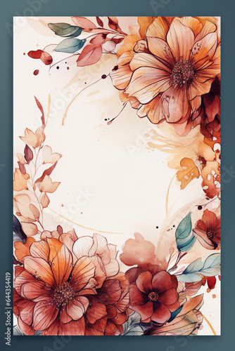 Colorful floral decoration illustration background template, creative arrangement of nature and flowers. Good for banner, wedding card invitation draft, greetings, and design element. Generative AI.