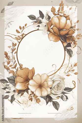 Colorful floral decoration illustration background template, creative arrangement of nature and flowers. Good for banner, wedding card invitation draft, greetings, and design element. Generative AI.
