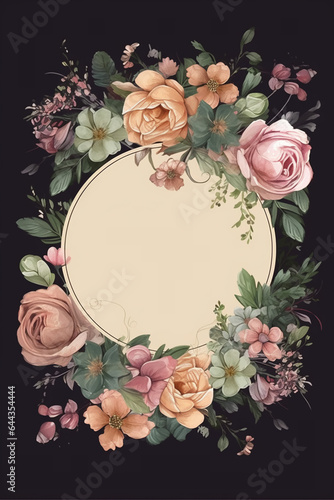 Colorful floral decoration illustration background template, creative arrangement of nature and flowers. Good for banner, wedding card invitation draft, greetings, and design element. Generative AI.