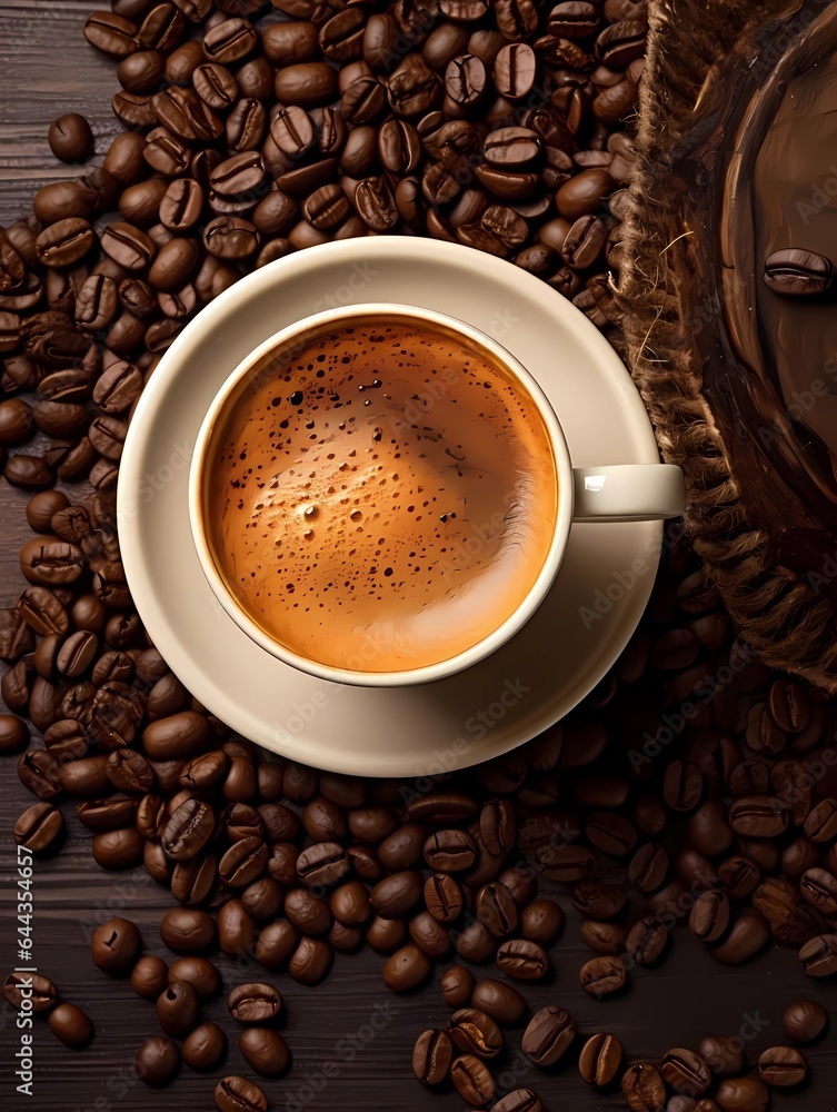 Coffee background. Top view. Cup of Coffee and coffee beans on a dark background with copy space. Ai Generative Coffee background. Top view. Cup of Coffee and coffee beans on a dark background with copy space. Ai Generative