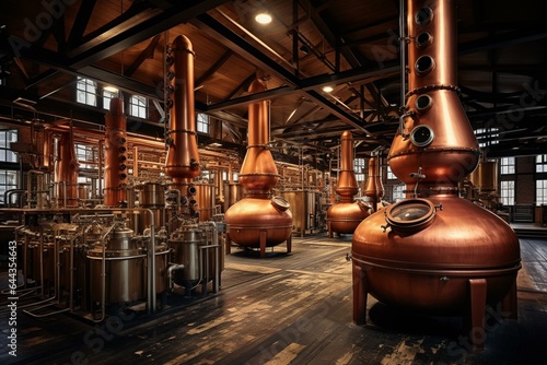 Vintage whiskey distillery featuring copper stills, barrels, and containers. Generative AI photo