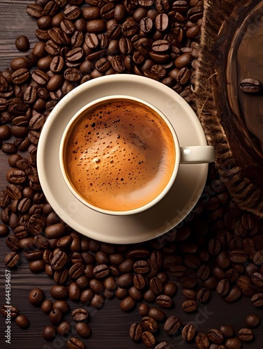 Coffee background. Top view. Cup of Coffee and coffee beans on a dark background with copy space. Ai Generative © serdjo13