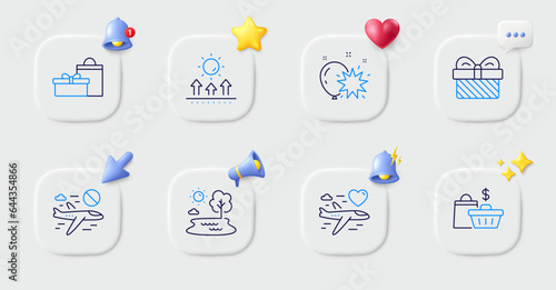 Balloon dart, Gifts and Gift line icons. Buttons with 3d bell, chat speech, cursor. Pack of Sale bags, Lake, Honeymoon travel icon. Sun protection, Cancel flight pictogram. Vector