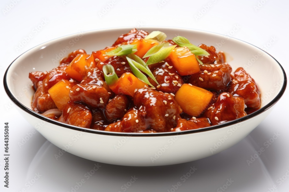 A white bowl filled with meat and vegetables. Digital image. A white bowl filled with meat and vegetables. Digital image.