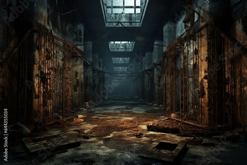 Abandoned prison in ruin. Generative AI