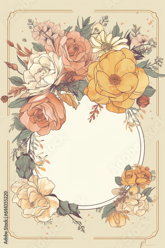 Colorful floral decoration illustration background template, creative arrangement of nature and flowers. Good for banner, wedding card invitation draft, greetings, and design element. Generative AI.