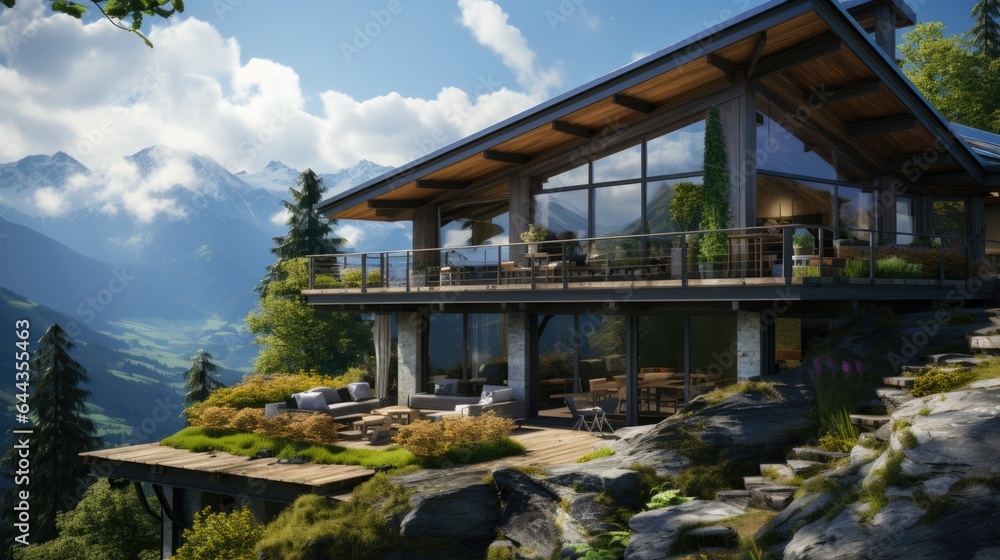 A house on top of a mountain overlooking a valley. Digital image.