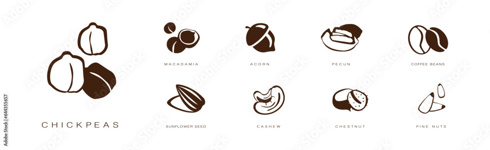 Seed and Nuts Brown Flat Icon with Name and Inscription Vector Set Seed and Nuts Brown Flat Icon with Name and Inscription Vector Set
