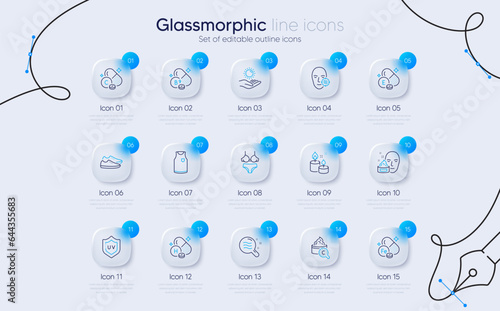Set of Face cream, Folate vitamin and Uv protection line icons for web app. Vitamin h, Skin condition, T-shirt icons. Shoes, Problem skin, Sun protection signs. Lingerie, Iron, Aroma candle. Vector