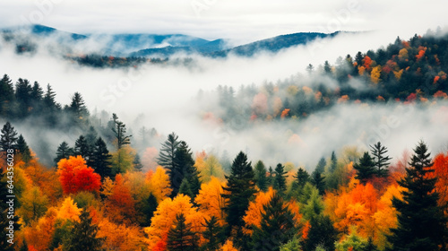 A fog covered forest with trees showcasing autumn colors.