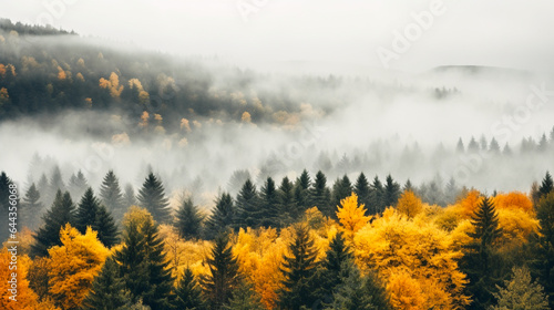 A fog-covered forest with trees showcasing autumn colors.