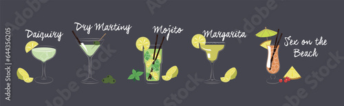 Cocktail Glasses with Straw and Citrus Slice Vector Set