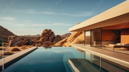Desert Oasis: A Modern Pool Amidst Arid Beauty. Generative AI 8