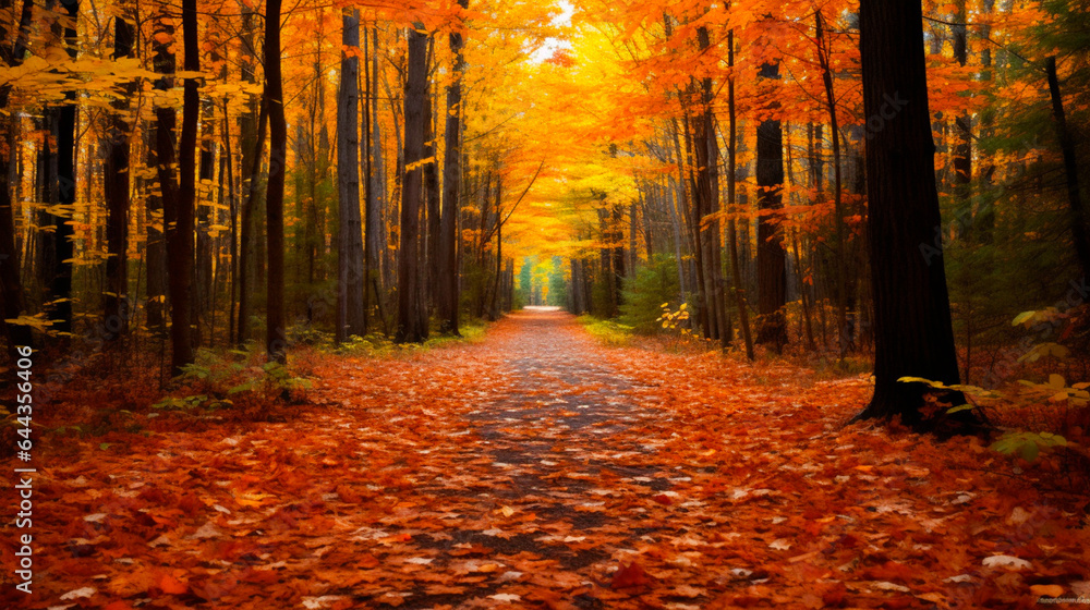 Autumn leaves carpeting a quiet forest path.