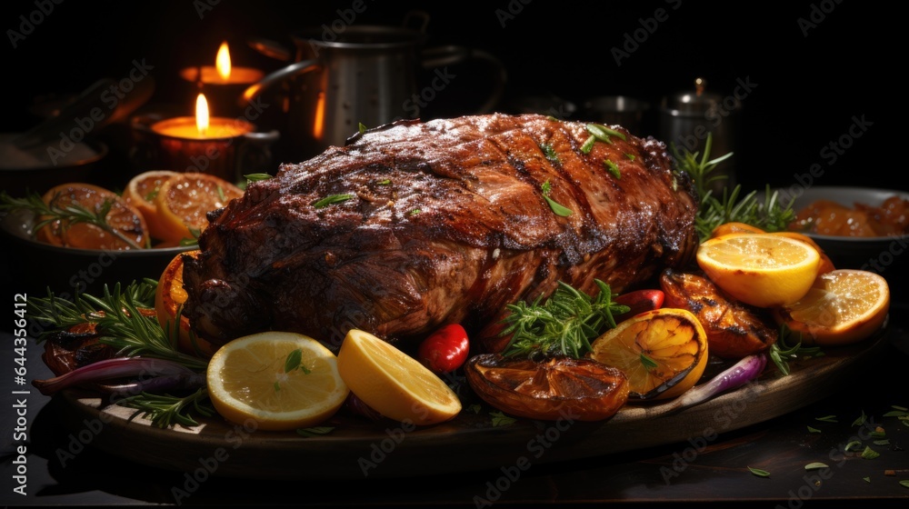 A large piece of meat on a platter with lemons and vegetables. Digital image.