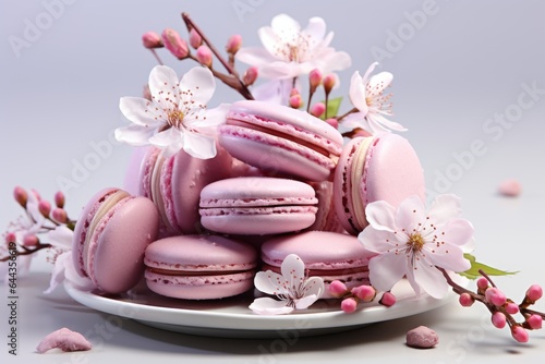 A plate of pink macarons and cherry blossoms. Digital image.