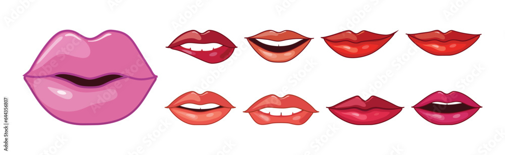 Fototapeta premium Different Woman Lips Icon of Pink and Red Color Vector Set