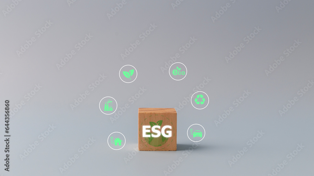 Environmental Social Governance ESG concept. a wooden cube with the word ESG and icons. Environmental Social Governance ESG concept. a wooden cube with the word ESG and icons.