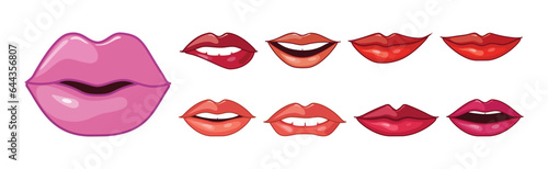 Different Woman Lips Icon of Pink and Red Color Vector Set