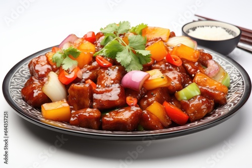 A plate of food with meat, vegetables, and in sweet and sour sauce. Digital image.