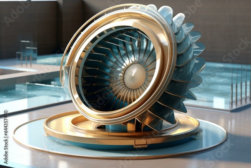 3D hydro turbine with spiral case and water guides, designed for a potent hydroelectric plant. Generative AI