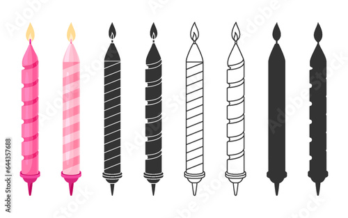 Birthday holiday candle striped twisted flat line silhouette set. Editable stroke outline pink wax candle stand decorative greeting element cartoon cute party object icon sticker festive isolated