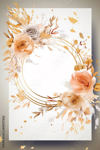 Colorful floral decoration illustration background template, creative arrangement of nature and flowers. Good for banner, wedding card invitation draft, greetings, and design element. Generative AI.