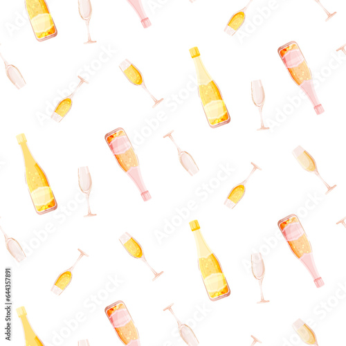 Champagne bottle glass flying seamless pattern flat. White pink gold wine drink festive print bright wrapping paper background wallpaper gift decorating new year birthday party anniversary christmas