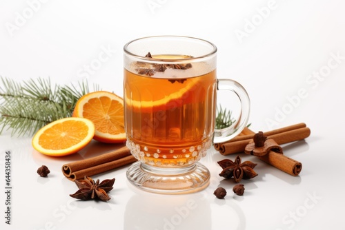 A cup of tea with orange slices, cinnamon, and anise. Digital image.