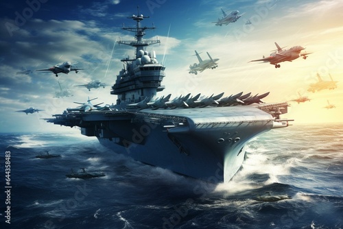 Wide poster of military aircraft carrier ship, fighter jets take off in special operation. Generative AI