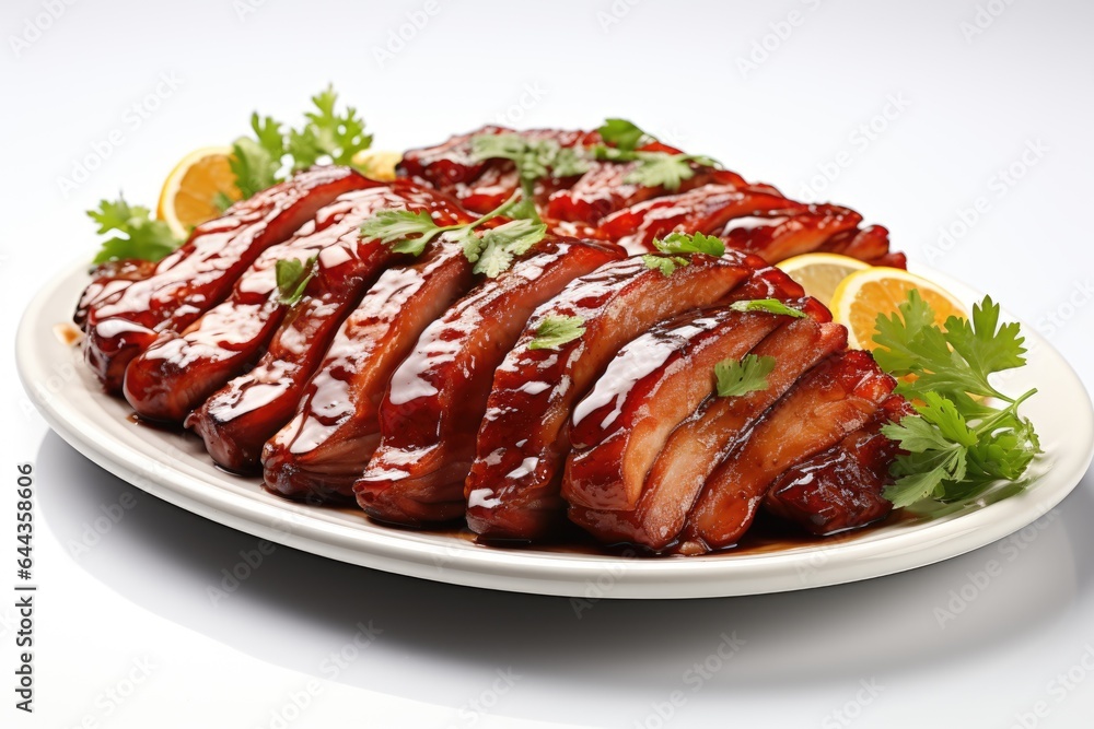 A white plate topped with meat covered in sauce and garnished with parsley. Digital image. Cantonese roasted pork.