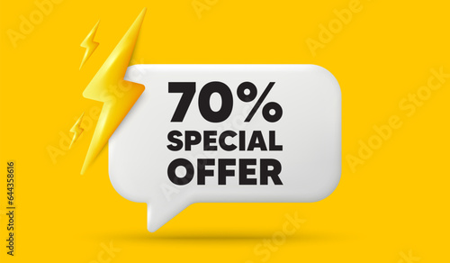 70 percent discount offer tag. 3d speech bubble banner with power energy. Sale price promo sign. Special offer symbol. Discount chat speech message. 3d offer talk box. Vector