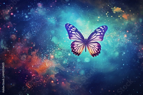 Butterfly on nebula background. Mixed media. Generative AI © Juan