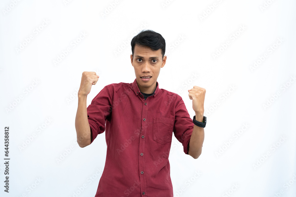 asian man, businessman or student concept wearing red casual shirt pose surprised happy and get new spirit. Isolated white background. asian man, businessman or student concept wearing red casual shirt pose surprised happy and get new spirit. Isolated white background.